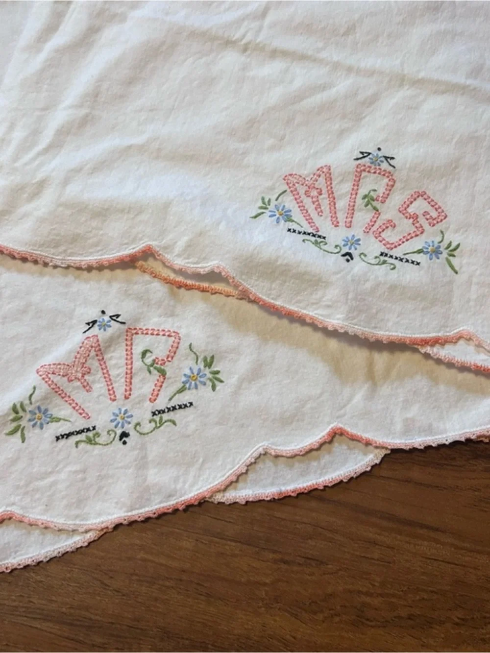 Vintage White Pillowcase Pair with Pink Embroidery and Floral Accents